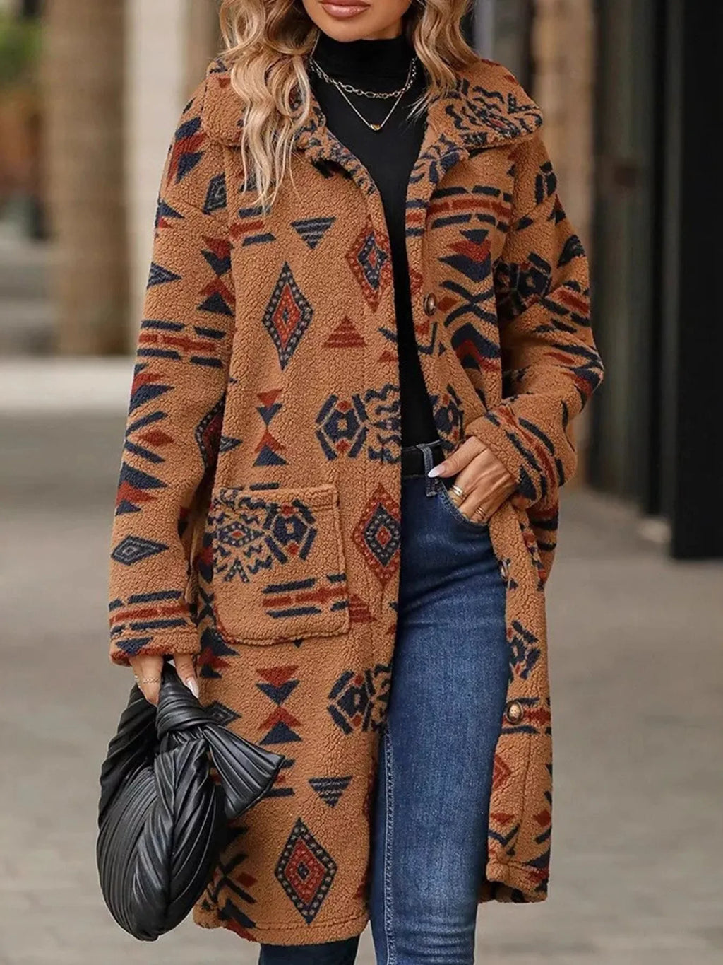 Geometric Button Up Longline Coat - CasaMontevia