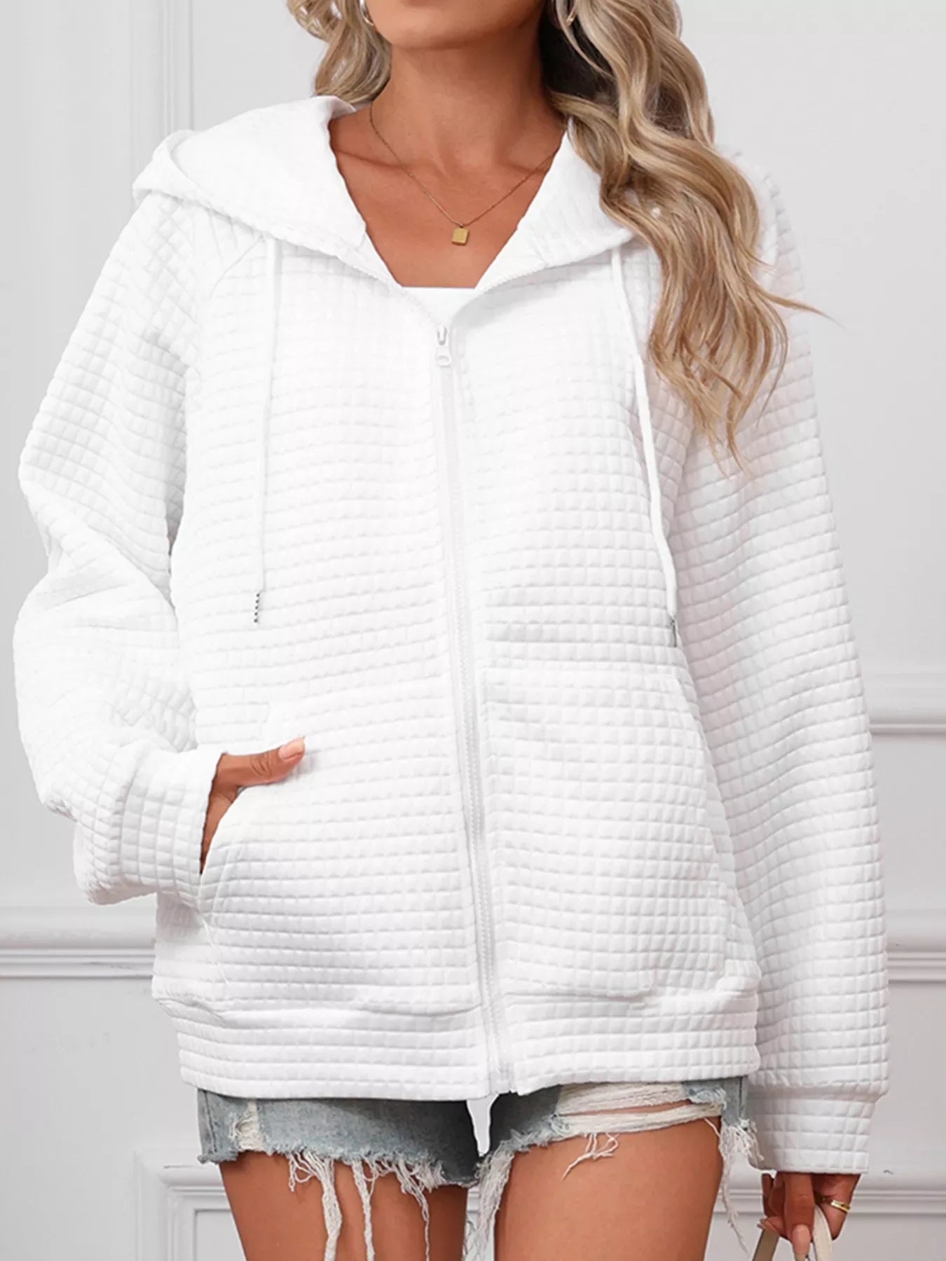 Full Size Textured Quilted Zip-Up Hooded Jacket Plus Size - CasaMontevia