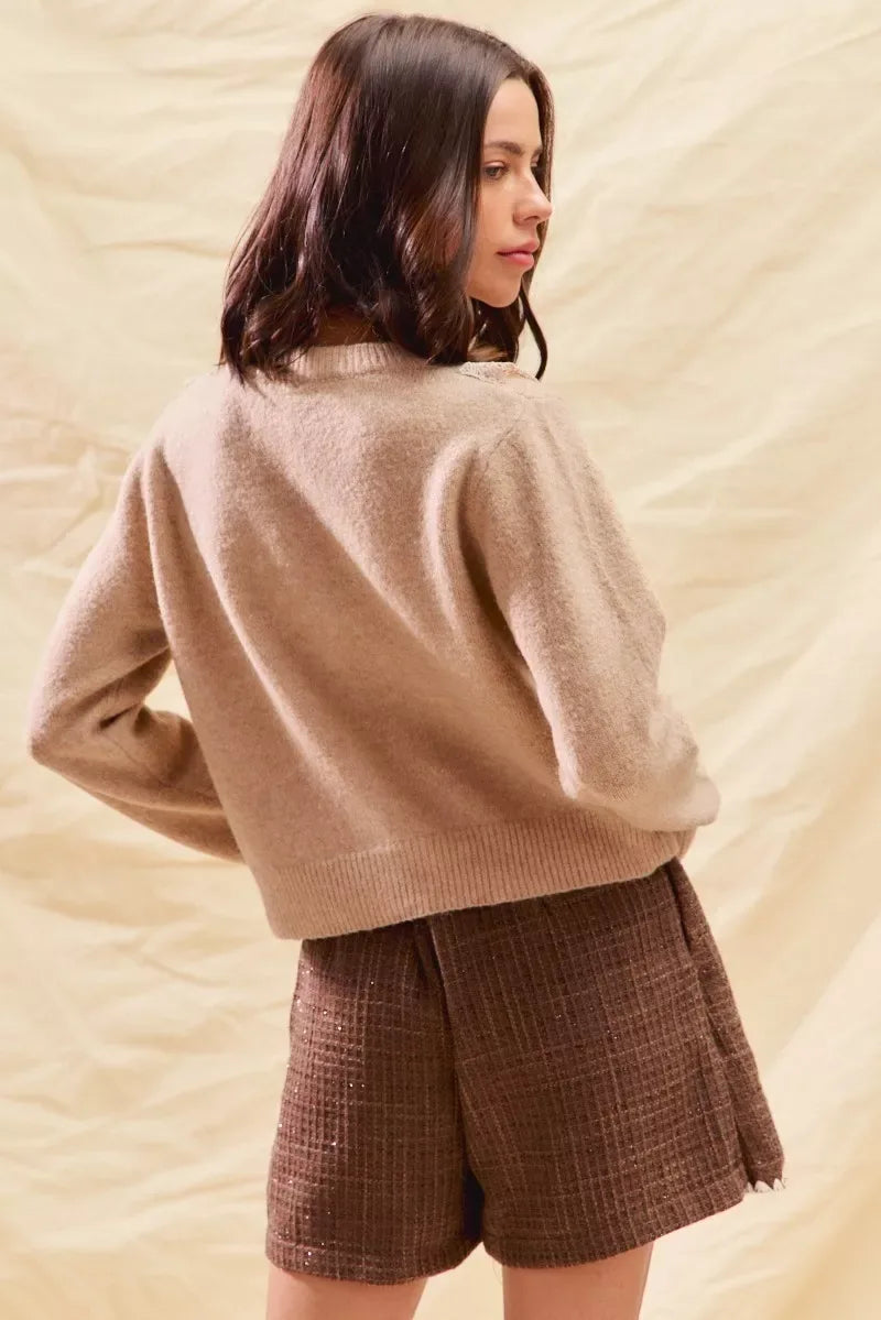 SO ME Front Lace Trim Button Cardigan Sweater - CasaMontevia