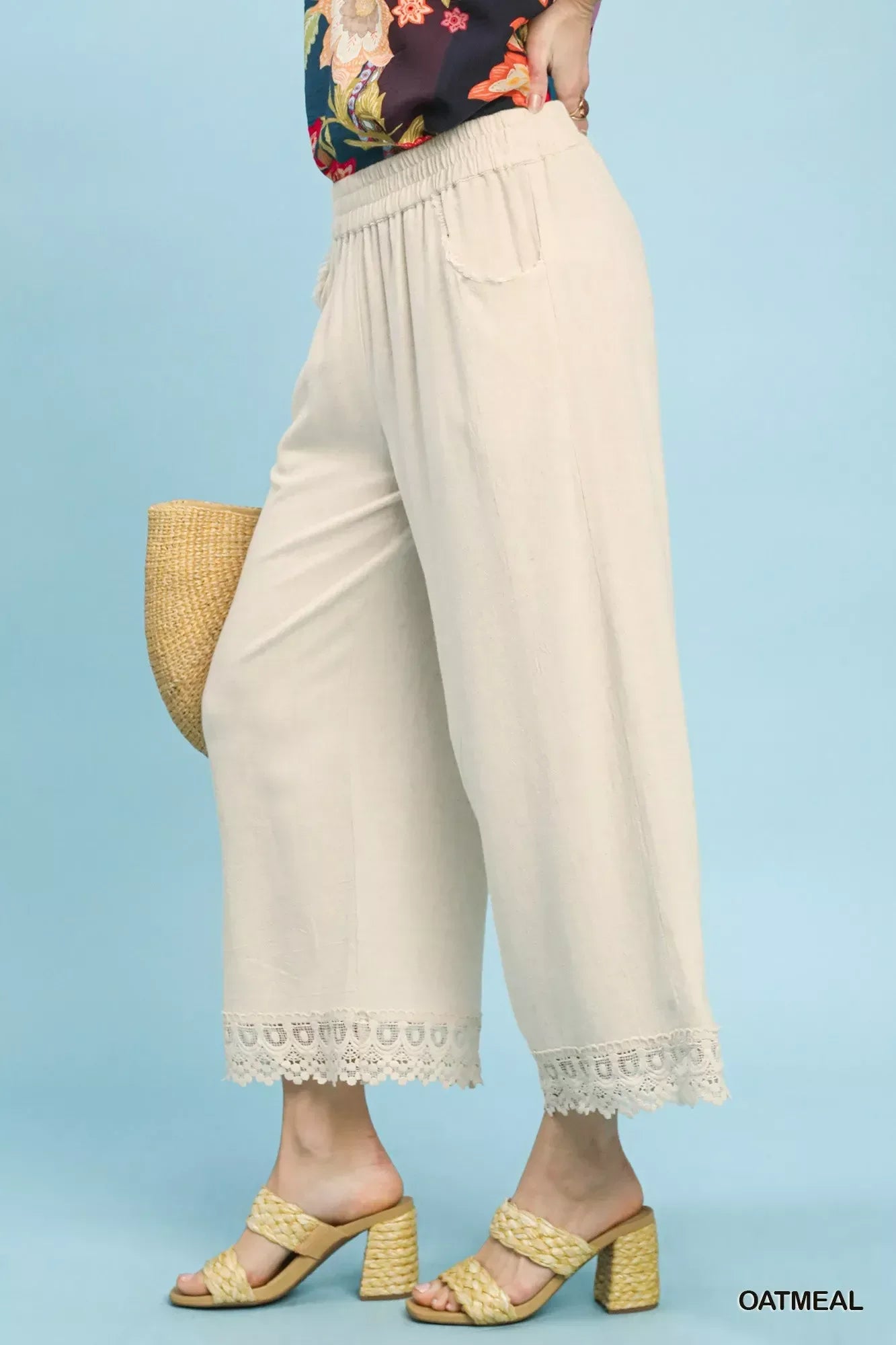 Umgee Linen Wide Leg Cropped Pants with Lace Trim - CasaMontevia
